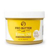 Fro Butter Emu Oil montre texture beurre fouetté pour hydrater les boucles.