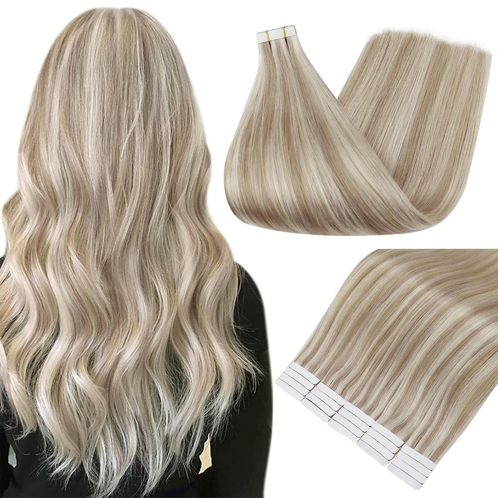 Extensiones Fshine con cinta de pelo humano de 18 pulgadas rubio ceniza y mechas platino.