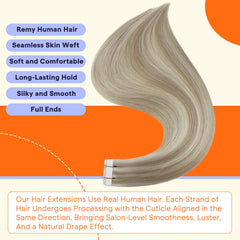 Extensiones Fshine con cinta de pelo humano: apariencia natural y tacto suave.