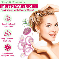 Ingredientes naturales cebolla, romero y biotina para cabello saludable.