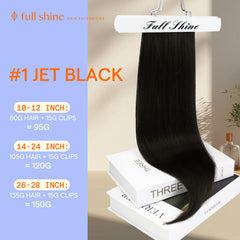 Full Shine extensiones Remy cabello negro jet clip-in para un look natural