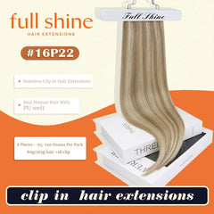Full Shine extensiones con broches, textura natural cabello humano suave para una mezcla real.