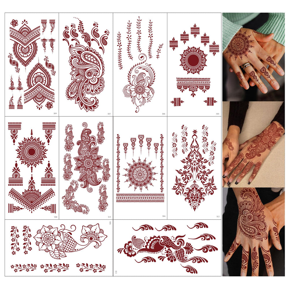 FUNTATTOO: plantillas henna marrón de 10 hojas para diseños temporales detallados