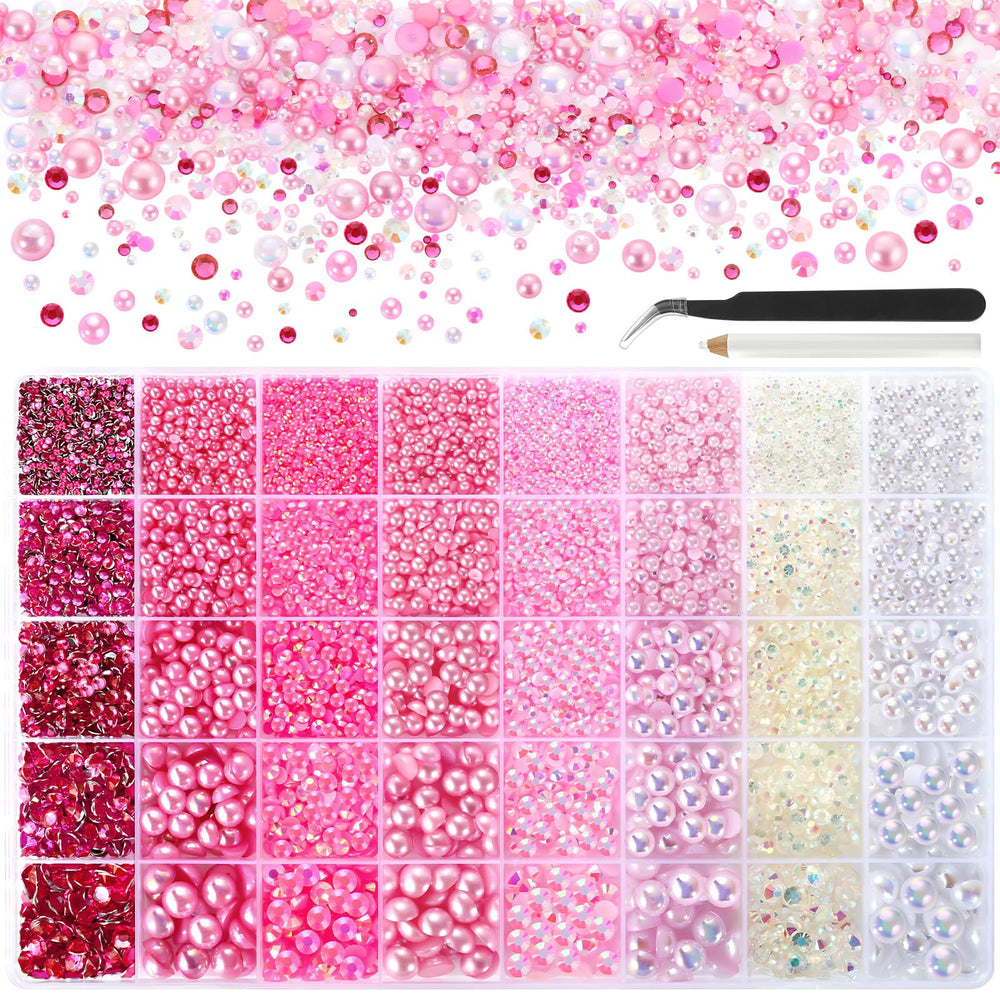 Funtopia perlas planas rosas y cristal facetado en tono vibrante para uñas.