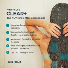 GIRL+HAIR CLEAR ACV pH equilibrado: cuida el cuero cabelludo para comodidad diaria.