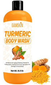 Ganskin gel de cúrcuma, botella en primer plano, cuidado suave para la piel.