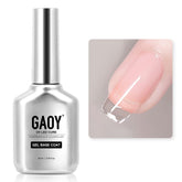 GAOY capa base gel, botella transparente, mejora adherencia para manicura duradera.