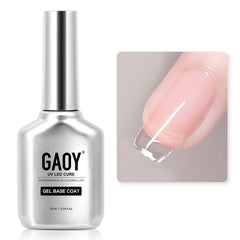 GAOY capa base gel, botella transparente, mejora adherencia para manicura duradera.