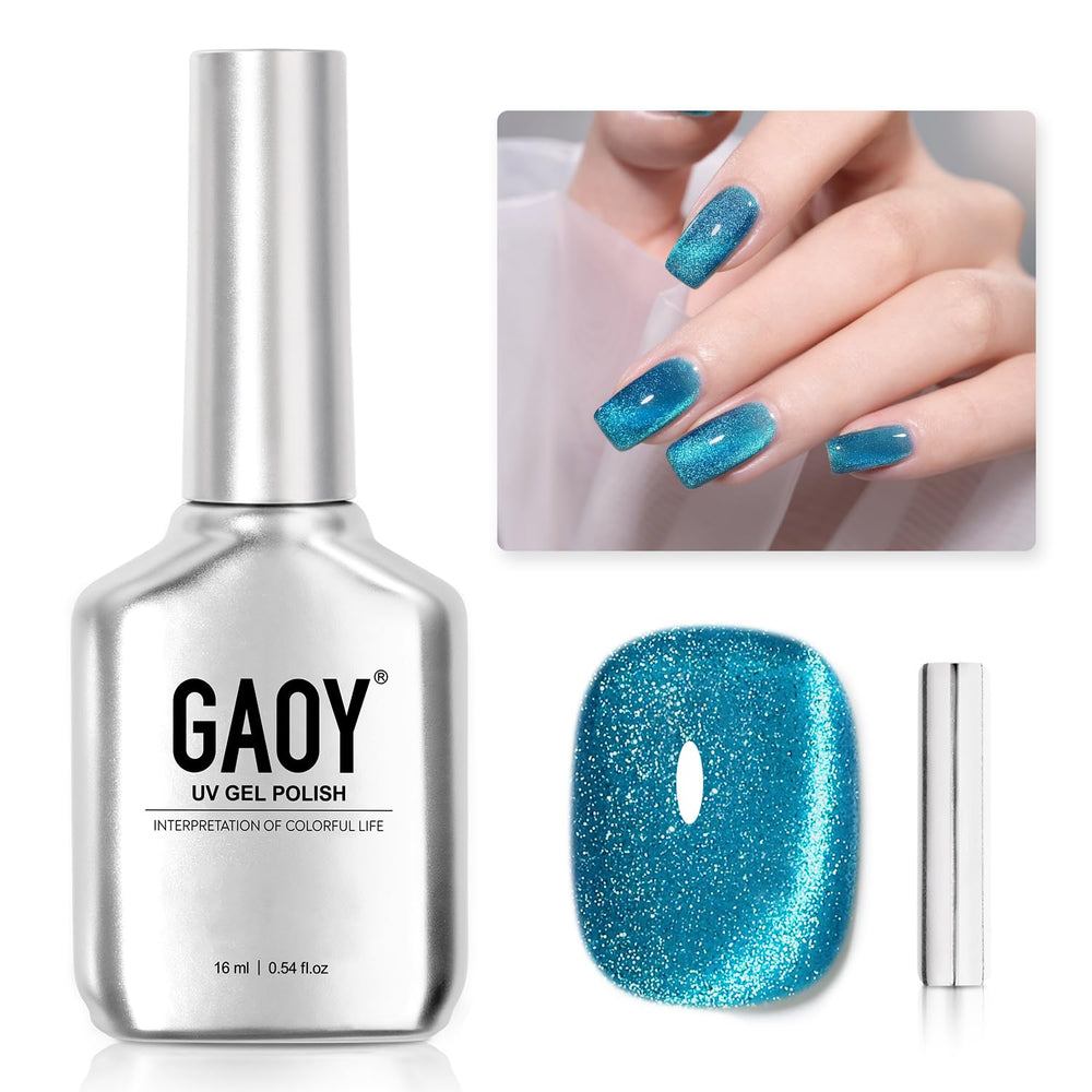 GAOY Esmalte gel azul con efecto ojo de gato, acabado holográfico para uñas
