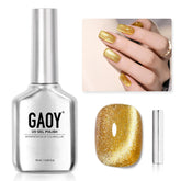 GAOY gel efecto ojo de gato dorado frente a la botella, brillo intenso