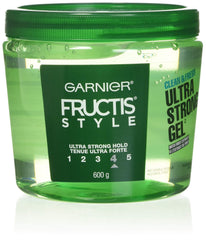 Garnier Fructis gel ultra fuerte en botella, fijación prolongada.