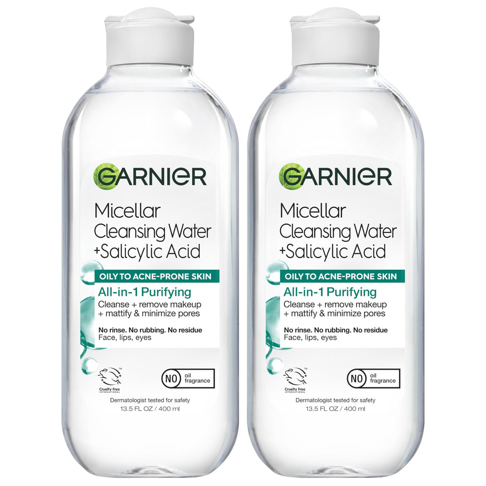 Garnier Micellar Agua Purificante con ácido salicílico, botella clara para desmaquillar sin frotar.