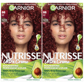 Garnier Nutrisse, bouteille teinte rouge vrai, couleur durable et nourrissante.