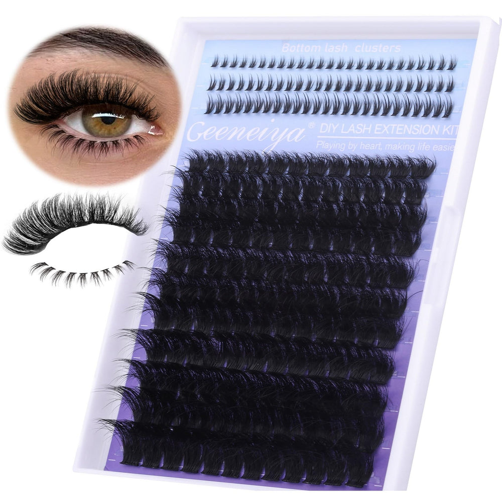 Geeneiya 200D lash clusters with bottom lashes for instant fullness at home.