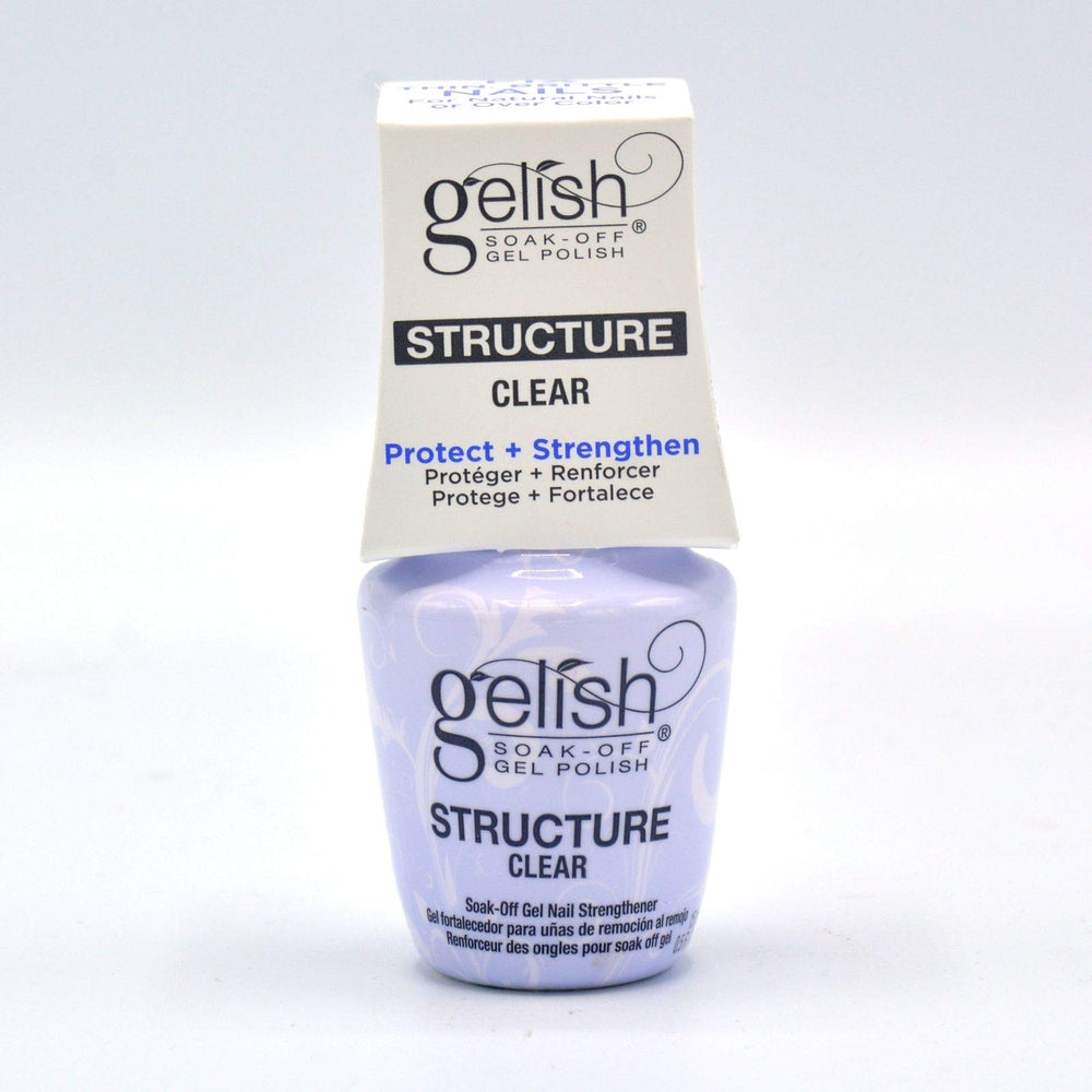Gelish gel de estructura transparente para uñas, envase y aplicación para un acabado claro.