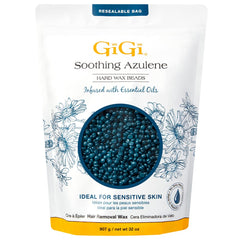 Gigi cera dura con perlas azulene relajantes, ideal para piel sensible y depilación sin tiras.