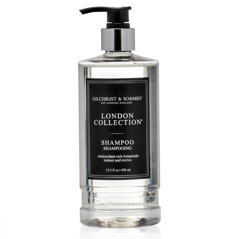 La botella frontal de Gilchrist & Soames London Collection Shampoo ofrece limpieza suave para uso diario.
