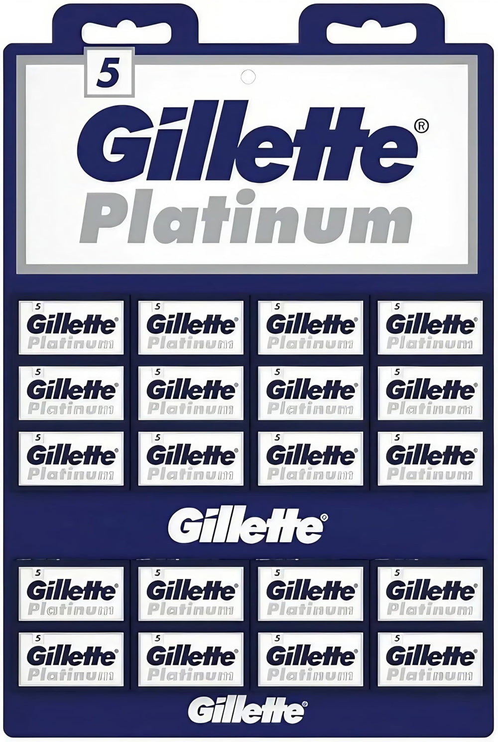 Gillette Platinum double-edge blades on display card for smooth, forgiving shaves with safety razors.