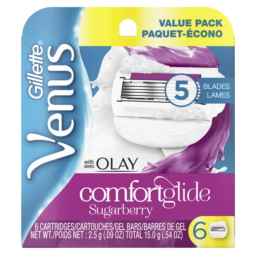 Gillette Venus ComfortGlide con Olay Sugarberry: hojas curvas para un afeitado cercano y suave.
