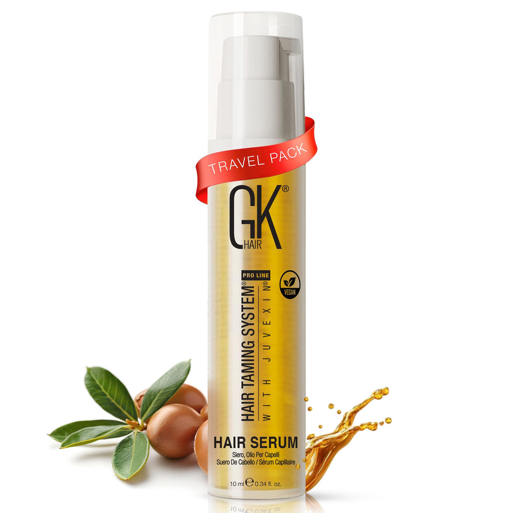 GK HAIR Aceite de Argán en envase de viaje para brillo y suavidad.