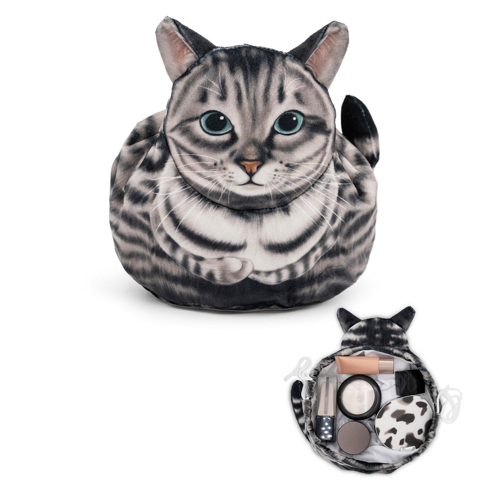 GKIOYRO bolsa maquillaje cordon gato gris, ideal para viajar y organizar cosméticos.