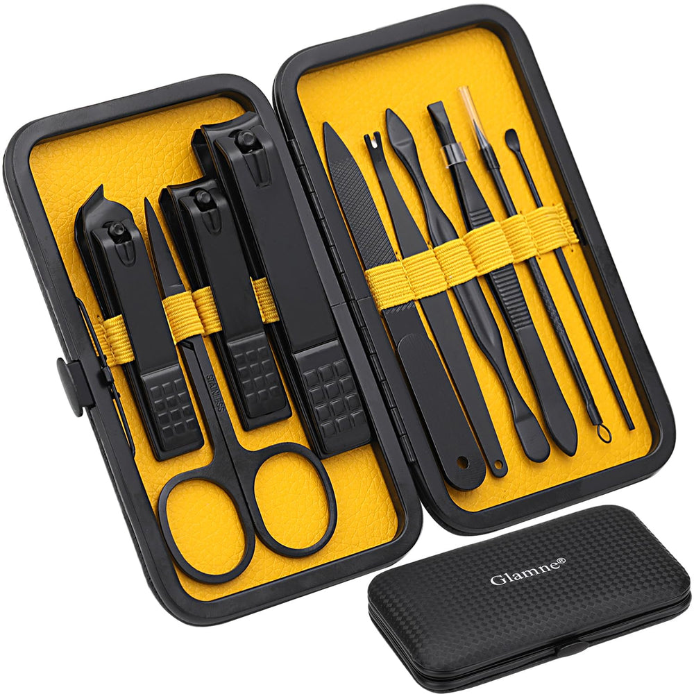 Glamne juego de manicura 10 en 1 con estuche amarillo, práctico para viaje.