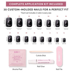 Glamnetic 30-nail kit with 15 sizes and storage box for a perfect fit.