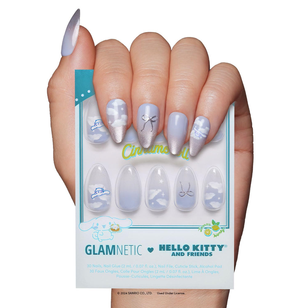 Glamnetic Cinnamoroll Cloud nails with pale blue velvet finish for long-lasting chic wear.