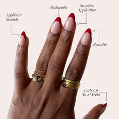 Glamnetic Rose Garden: uñas almendra cortas rojas, estilo pulido y cómodo.