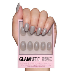 Glamnetic Uñas Gris Puro: uñas cortas ovaladas con brillo duradero para uso diario.