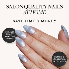 Glamnetic uñas postizas almendra con acabado terciopelo azul pálido para brillo suave en la luz