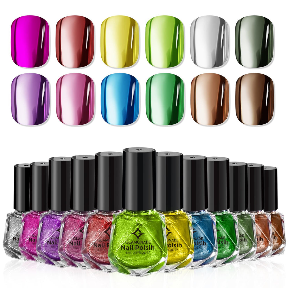 Glamonade metallic nail polish set with 12 colors displayed for bold chrome looks.