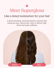 Glaze Supergloss, primer plano de pigmentos semipermanentes, realza tono y suavidad del cabello.
