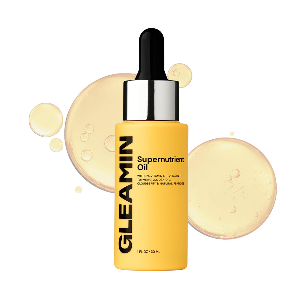 Gleamin Aceite Facial Iluminador en frasco, brillo y hidratación visibles.