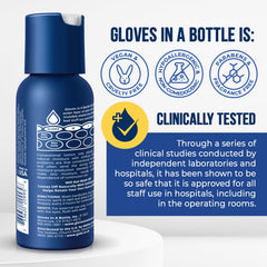 Gloves In A Bottle packaging and label highlights travel-friendly size.