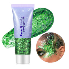 Go Ho Brillo Verde para cara y cuerpo, botella con acabado holográfico para festival.