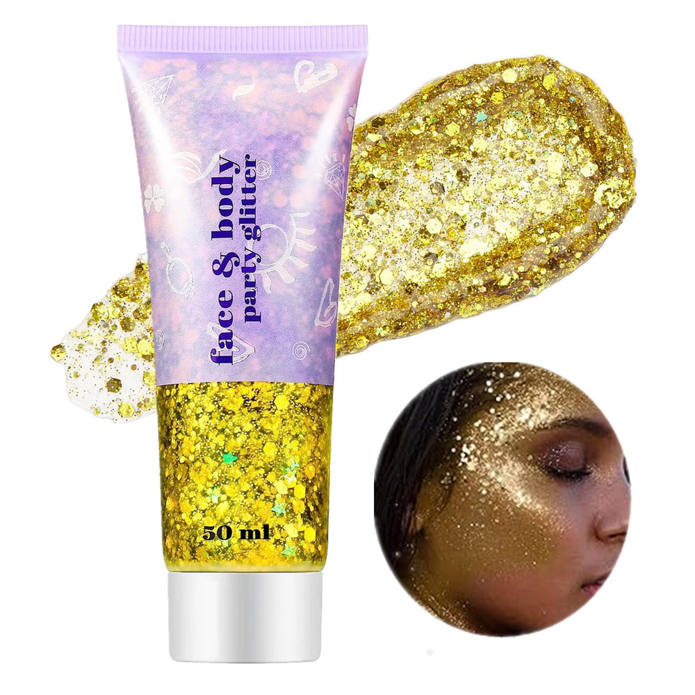 Go Ho Gold Glitter envase dorado, listo para brillo intenso.