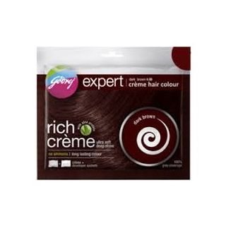 Godrej Expert crema color cabello castaño oscuro, cobertura uniforme y duradera.