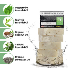Gold BJJ detalle de etiqueta y ingredientes naturales del jabón.