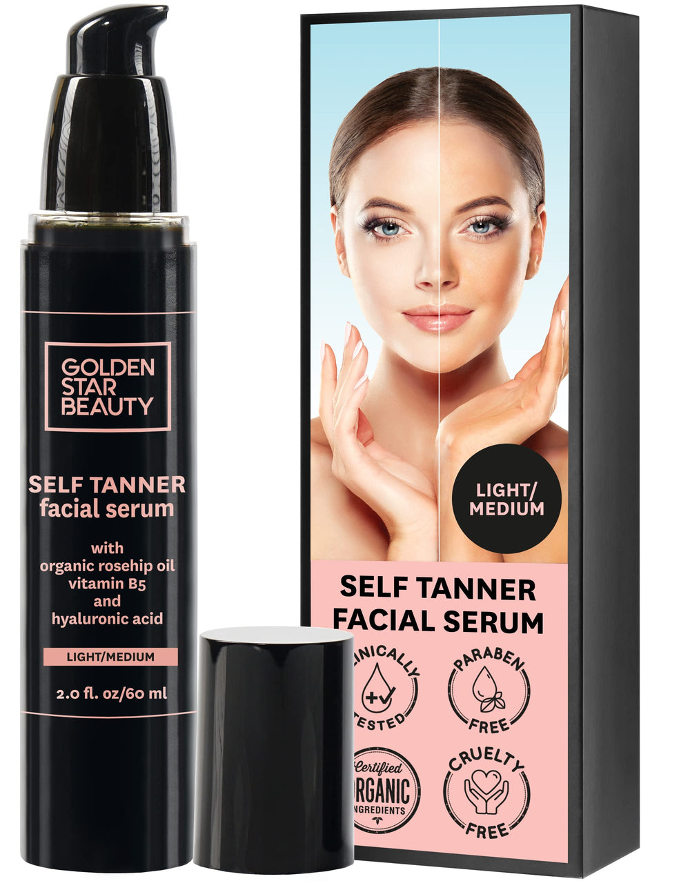 Bronceador facial de GOLDEN STAR BEAUTY con suero ofrece tono dorado natural sin olor.