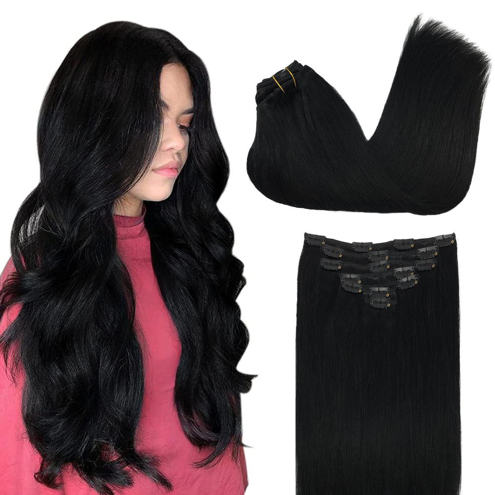 GOO GOO Extensiones con clips pelo humano jet negro, detalle textura suave para acabado natural