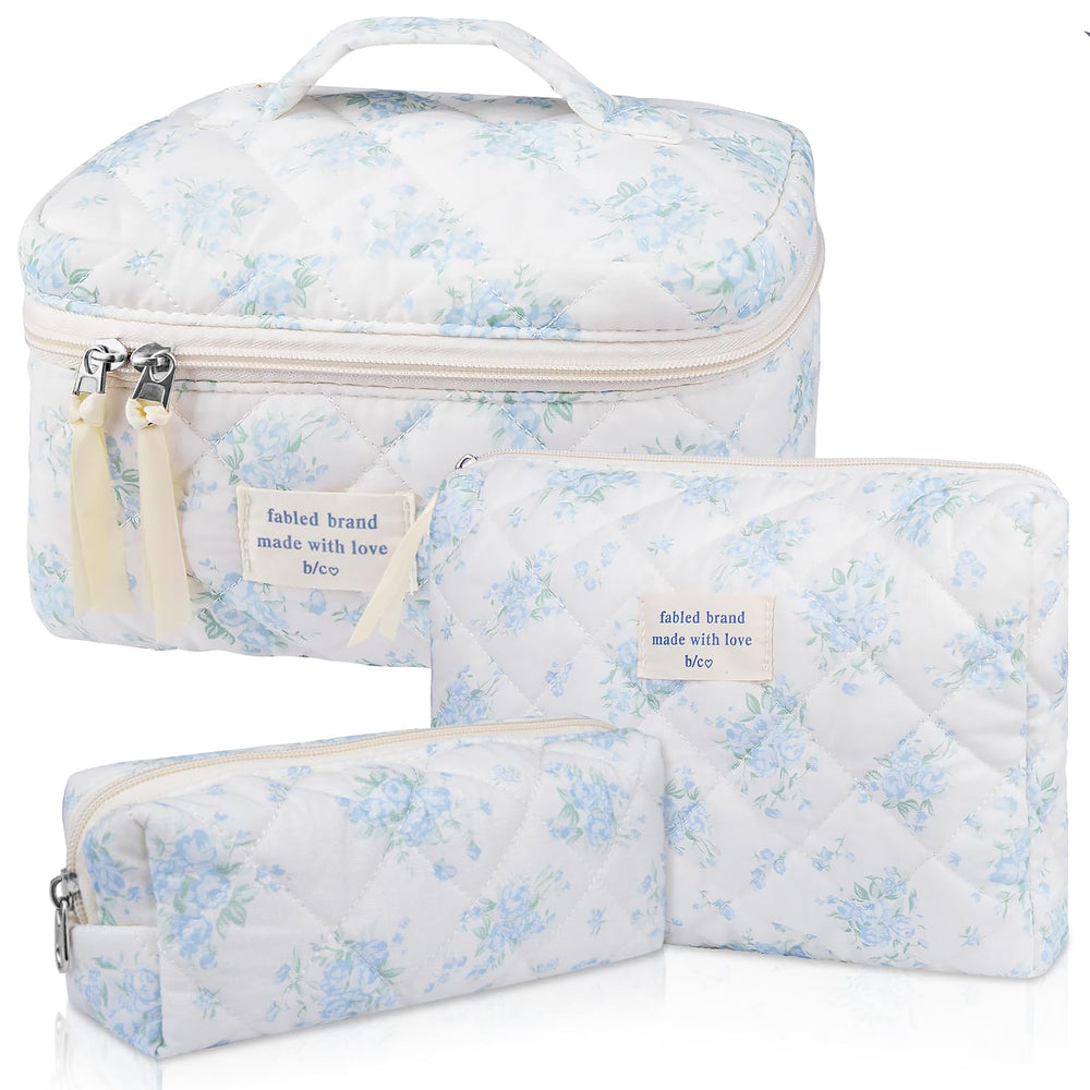 Gosect bolsa maquillaje acolchada floral azul rosa para viaje y organización diaria