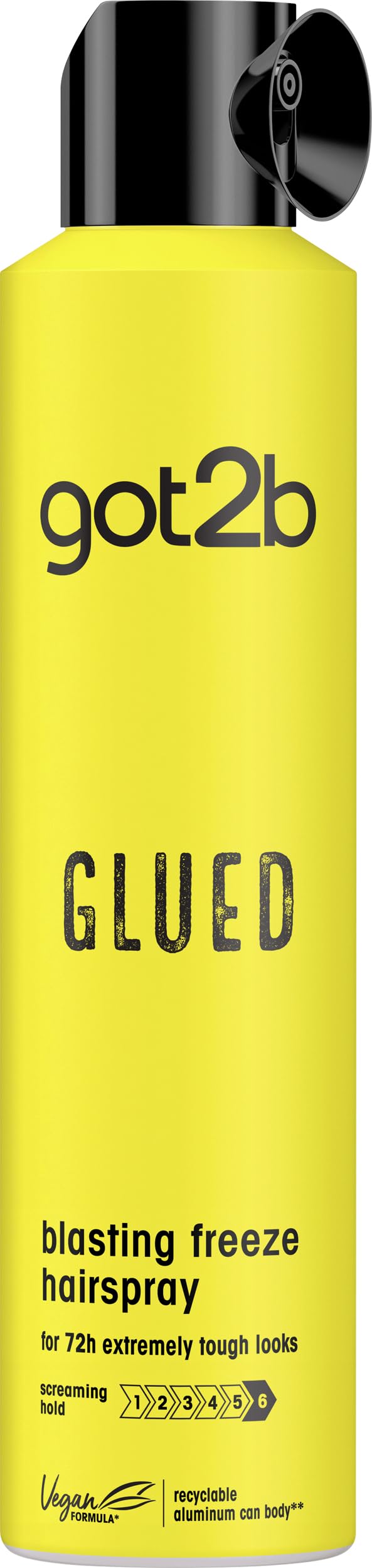 Got2B Glued Blasting Freeze Spray, botella visible, fijación extrema para peinados duraderos.