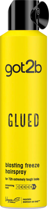 Got2B Glued Blasting Freeze Spray, botella visible, fijación extrema para peinados duraderos.