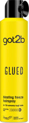 Got2B Glued Blasting Freeze Spray, botella visible, fijación extrema para peinados duraderos.