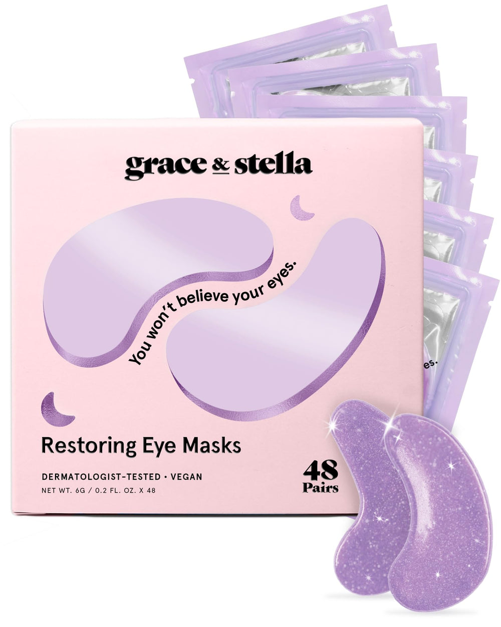Grace & Stella parches ojos retinol en empaque violeta, cuidado nocturno para ojos cansados