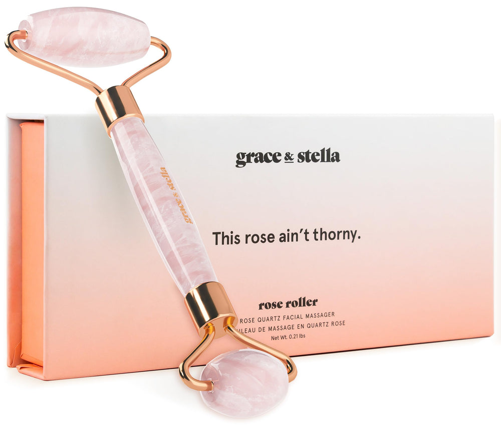 grace & stella rodillo facial de cuarzo rosa para tonificar la piel
