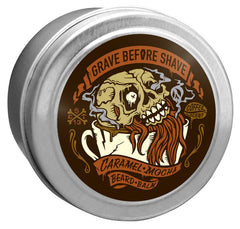 Grave Before Shave Balsamo para barba Caramelo Moka, lata que suaviza y define.