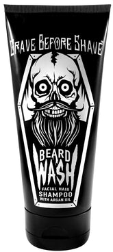 Grave Before Shave beard wash bottle shown, highlighting hydration and argan oil benefits.