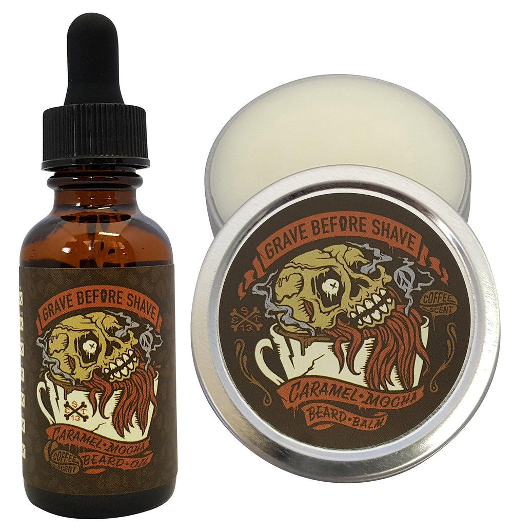 Grave Before Shave Paquete Caramelo y Moka para barba, lata que acondiciona y controla pelos.
